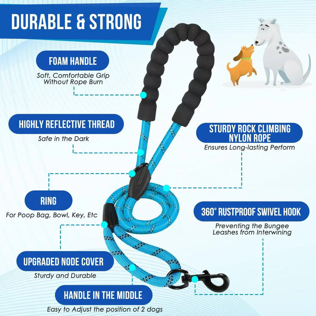 Reflective Double Dog Leash with Two Extra Traffic Handles: 360 Swivel No Tangle Dual Dog Walking Leash, Comfortable Shock Absor