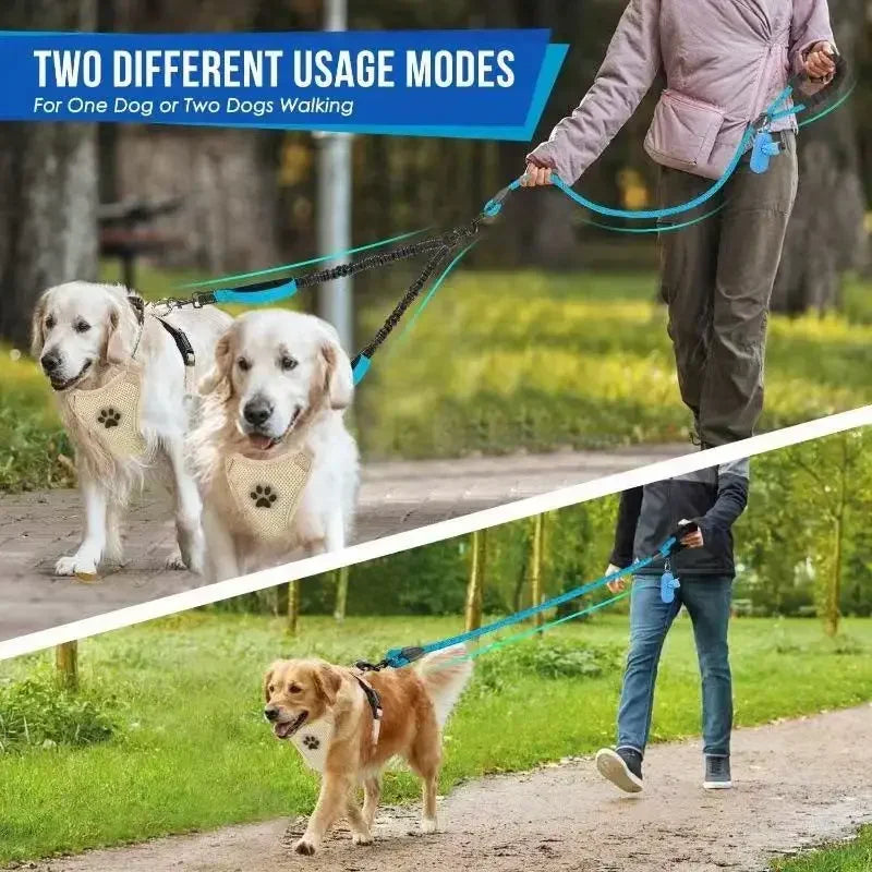 Reflective Double Dog Leash with Two Extra Traffic Handles: 360 Swivel No Tangle Dual Dog Walking Leash, Comfortable Shock Absor