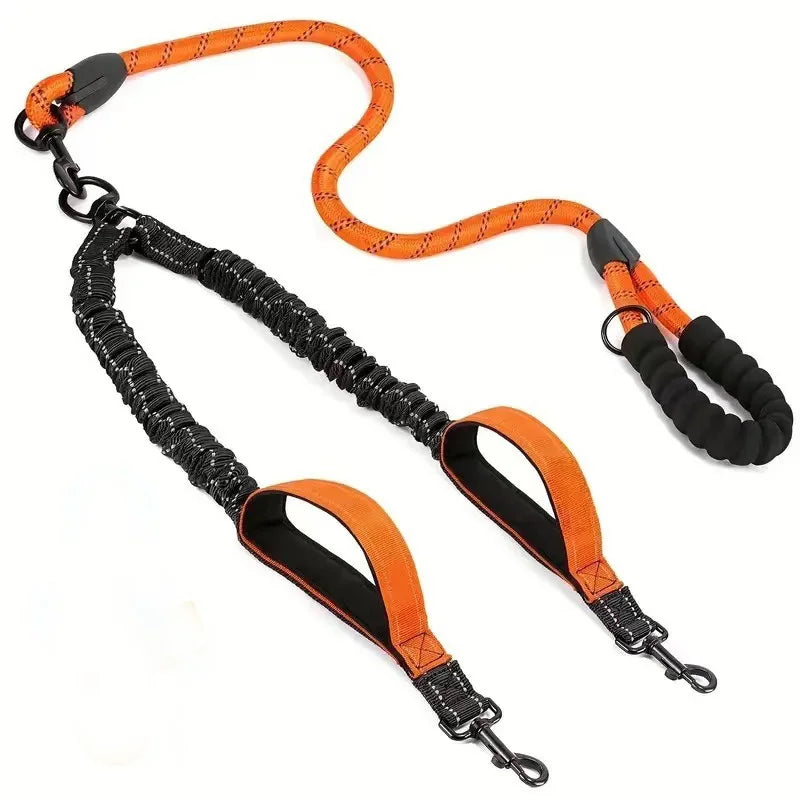 Reflective Double Dog Leash with Two Extra Traffic Handles: 360 Swivel No Tangle Dual Dog Walking Leash, Comfortable Shock Absor