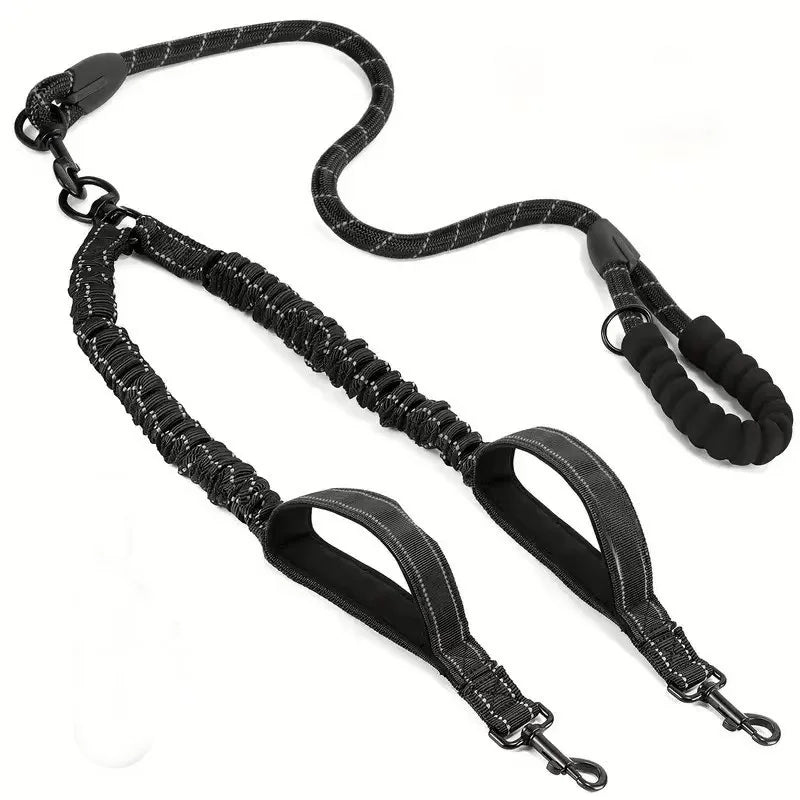 Reflective Double Dog Leash with Two Extra Traffic Handles: 360 Swivel No Tangle Dual Dog Walking Leash, Comfortable Shock Absor